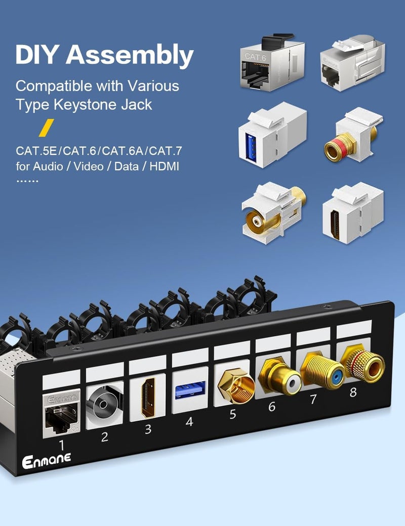 Enmane Patch Panel 8 Port Blank Keystone Patch Panel STP&UTP Compatible with LC/SC/ST/FC/USB/HDMI Keystone Jack for Desk Mount Home Ethernet Termination Box - Image 2